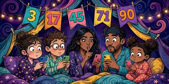 Friends in pajamas playing silently on their phones in a blanket fort under number bunting