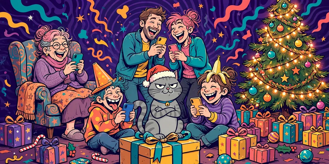 A family playing party games on their phones around a Christmas tree while a cat in a Santa hat looks on unimpressed