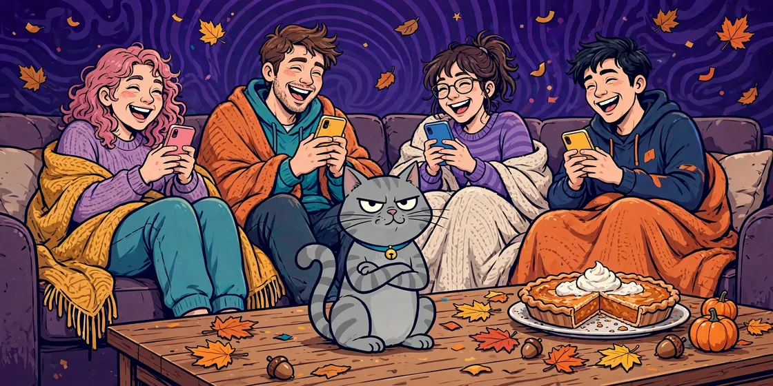 Friends laughing on a couch with their phones while a cat sits unimpressed in front of them