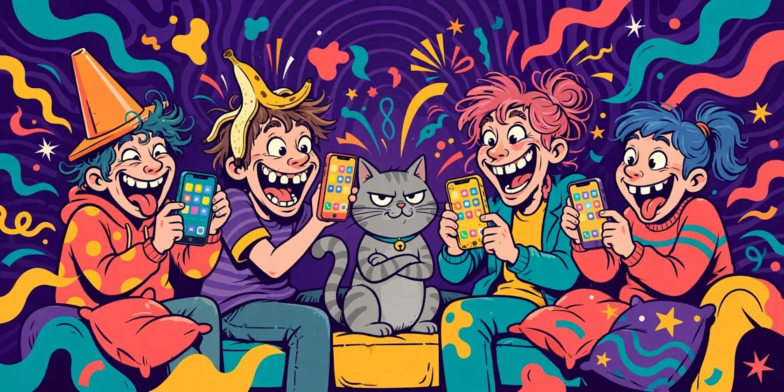 Four friends laughing with their phones while a cat looks on unimpressed