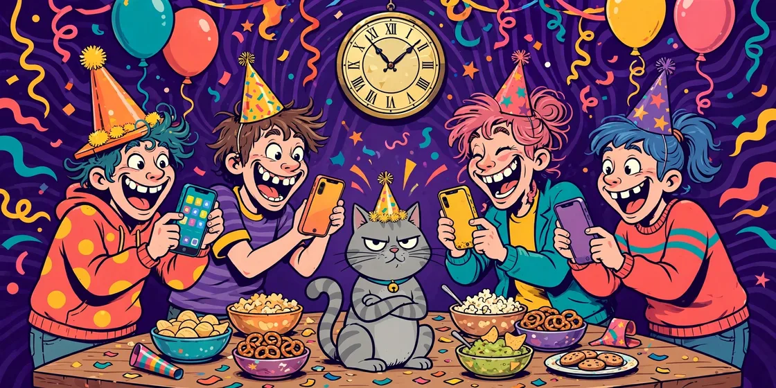 Friends in party hats playing on their phones under a clock near midnight