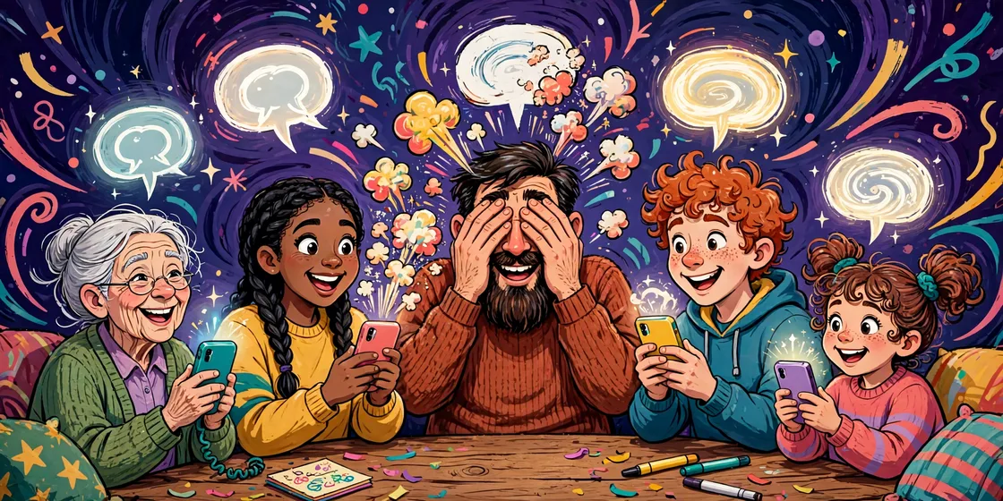 Friends writing one word clues on their phones while one player guesses, art for One Word