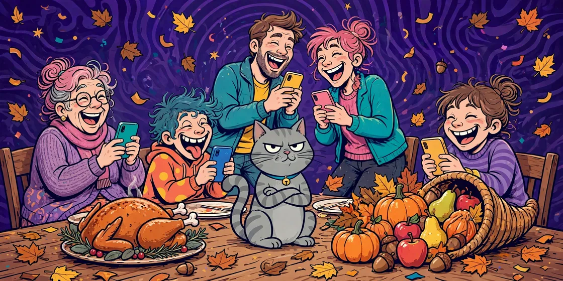 Friends laughing around a Thanksgiving table with their phones while a cat sits unimpressed beside the turkey
