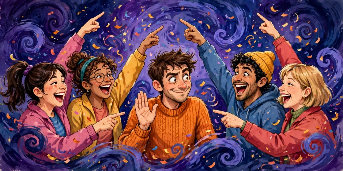 Friends doing a gesture together while one player looks lost, art for Wing It